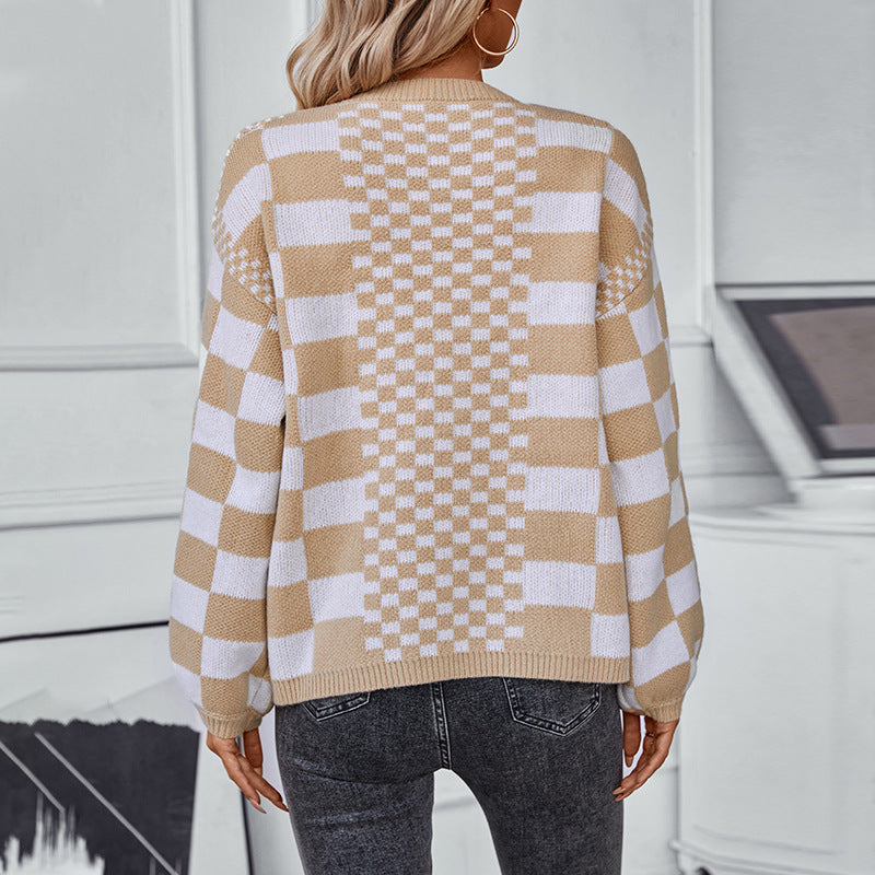 Damen lässige Strickjacke im modischen Karomuster EB