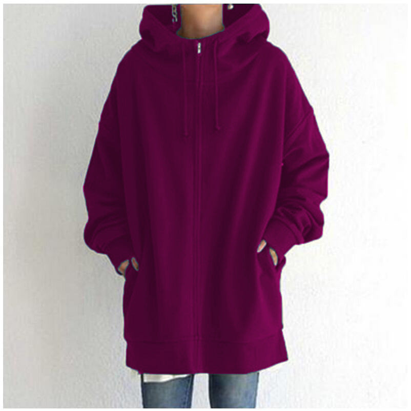 Damen nan oversized Kapuzenlongpullover mit Reißverschluss und Eingrifftaschen EB