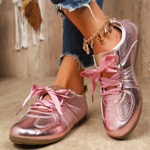 Damen modische Sneakers mit schimmernder Oberflächenstruktur und satinartigen Schnürsenkeln EB