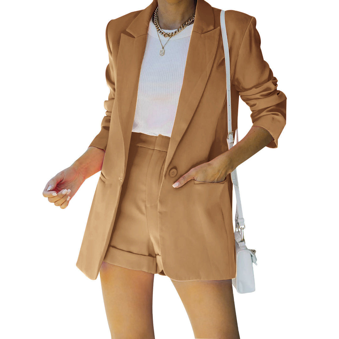 Damen nan figurbetontes Longblazer- und High-Waist-Shorts-Set mit überschnittenen Schultern und aufgesetzten Taschen EB