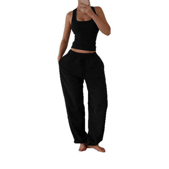 Damen nan weite High‑Waist Loungehose mit Kordelzug elastischem Komfortbund und Eingrifftaschen EB