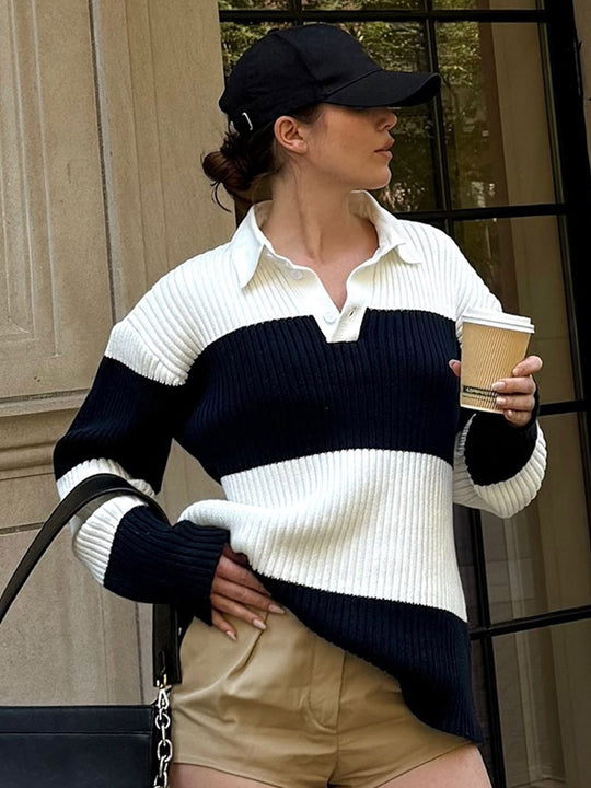 Damen Sportlicher Pullover mit Kragen und Blockstreifen EB