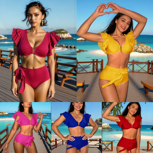 Damen Hochgeschnittenes Bikini-Set mit Rüschen EB