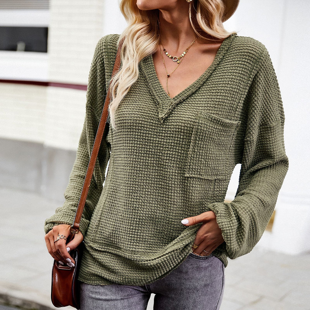 Damen nan Waffelstruktur V‑Neck Pullover mit aufgesetzter Brusttasche und überschnittenen Ärmeln EB