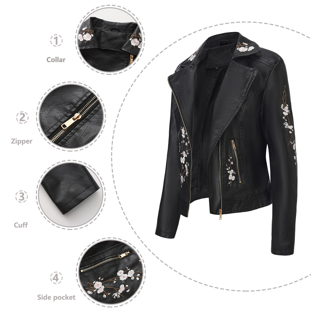 Damen nan bestickte taillierte Kunstleder Bikerjacke mit asymmetrischem Reißverschluss EB