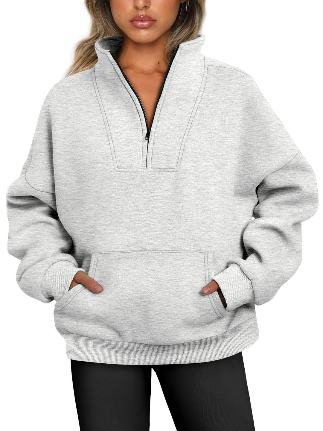Damen nan oversized Halbzip-Hoodie mit hohem Stehkragen, Kängurutasche und gerippten Bündchen EB
