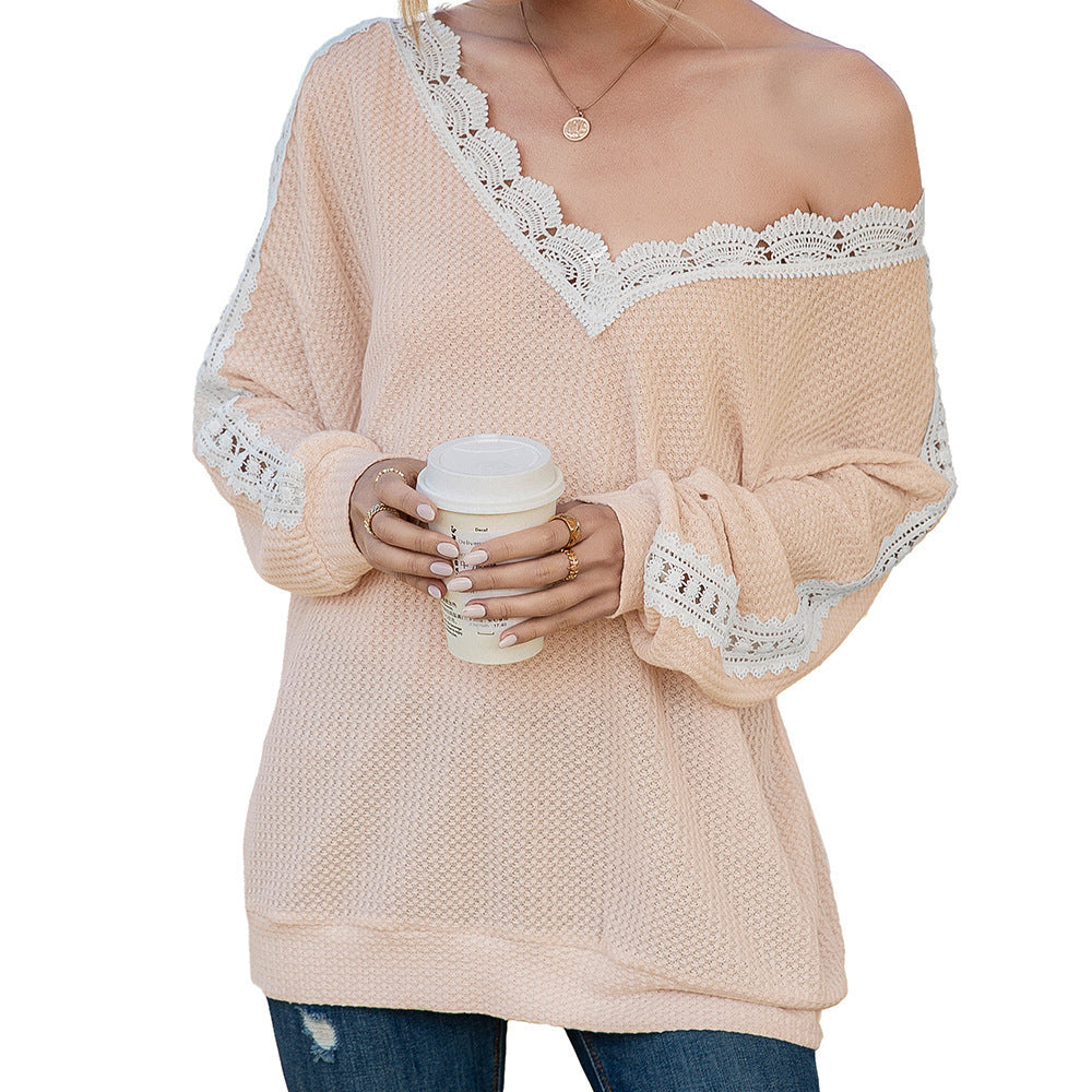 Damen lässiger Pullover mit Spitze und V-Ausschnitt EB