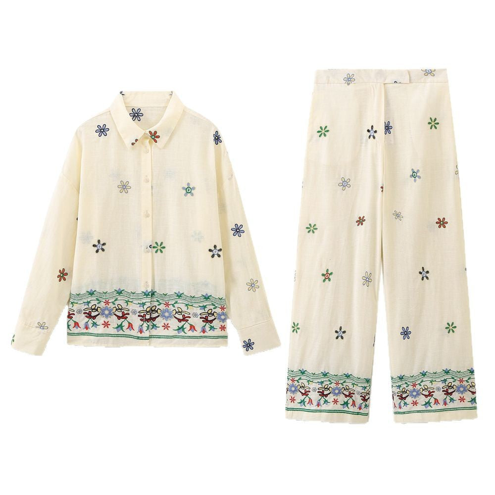 Damen Elegante und lässige weite Stoffhose mit floralem Stickdesign EB