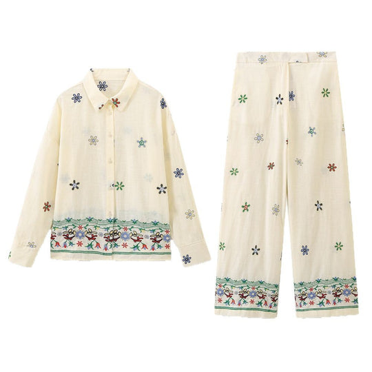 Damen Elegante und lässige weite Stoffhose mit floralem Stickdesign EB