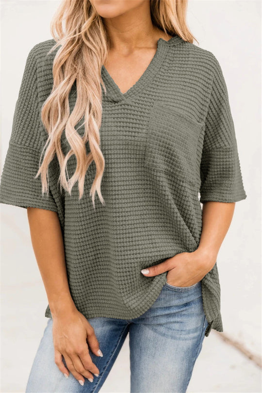 Damen casual V-Ausschnitt Oberteil mit strukturiertem Stoff und Seitennahttaschen EB