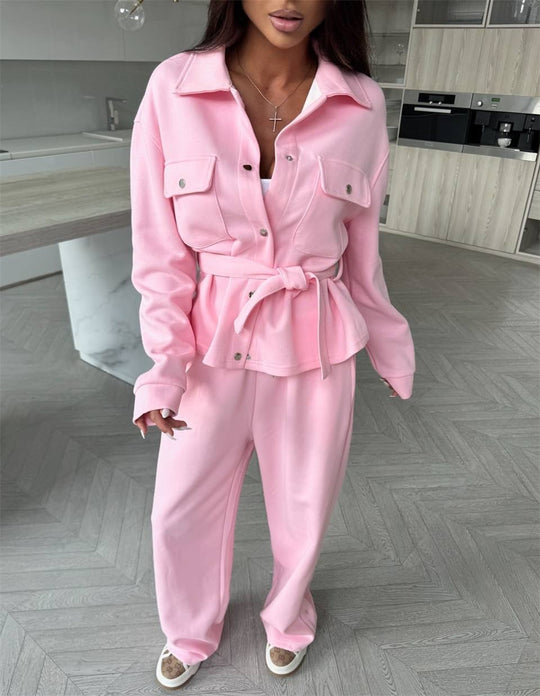 Damen Zweiteiliges Loungewear-Set mit tailliertem Blouson, Bindegürtel und weiter Palazzo-Hose EB