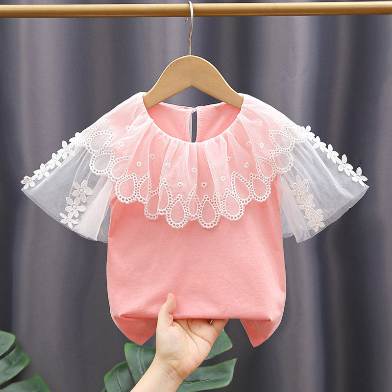 Mädchen Bluse mit Blumenstickerei und Tüllärmeln EB
