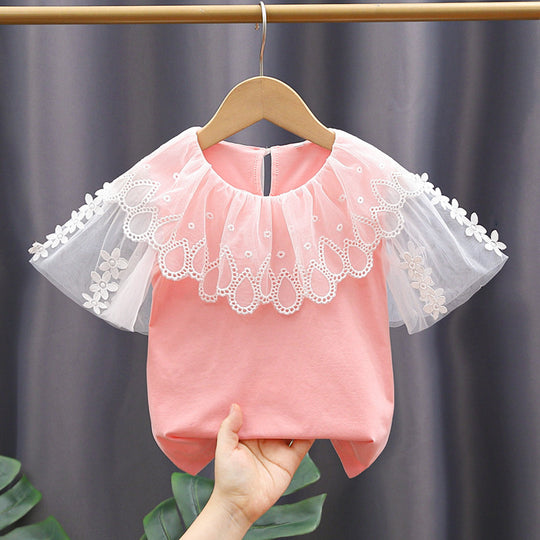 Mädchen Bluse mit Blumenstickerei und Tüllärmeln EB