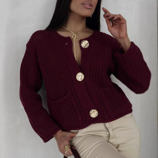 Damen luftiger Strickjacke mit dekorativem Netzdesign und praktischen Taschen EB