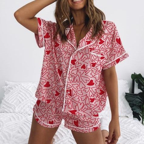 Damen Kurzarm-Pyjama-Set mit verspieltem Schleifenmuster EB