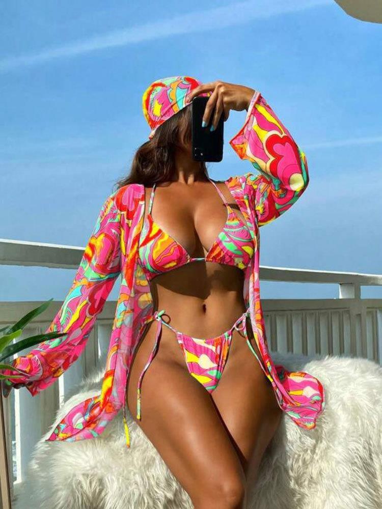 Damen Buntes Bikini-Set mit stylishen Überwurf EB