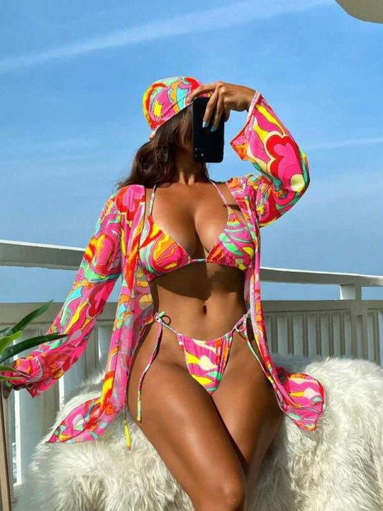 Damen Buntes Bikini-Set mit stylishen Überwurf EB