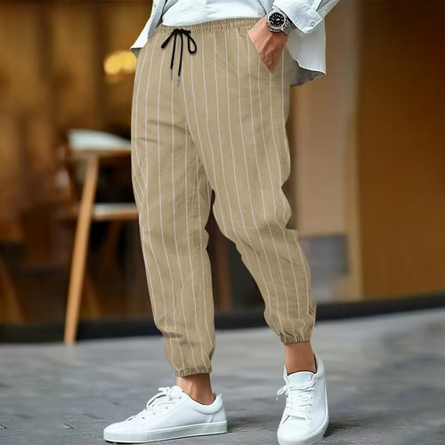 Herren nan gestreifte Leinenoptik Jogginghose mit Tunnelzug elastischem Saum und Eingrifftaschen EB