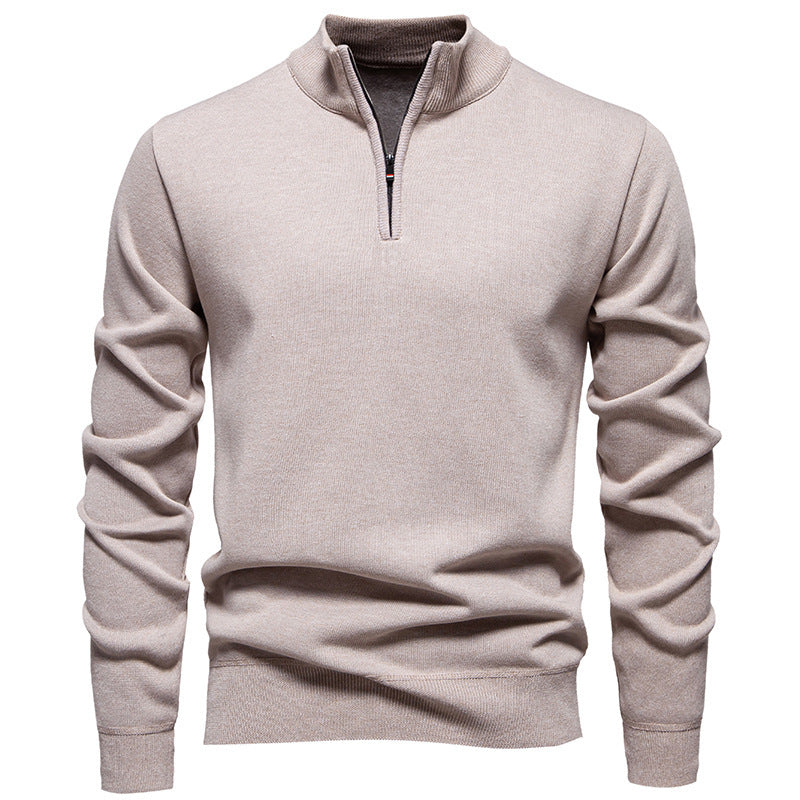 Herren nan Slim-Fit Feinstrickpullover mit kurzem Reißverschluss, Stehkragen und geripptem Bund EB