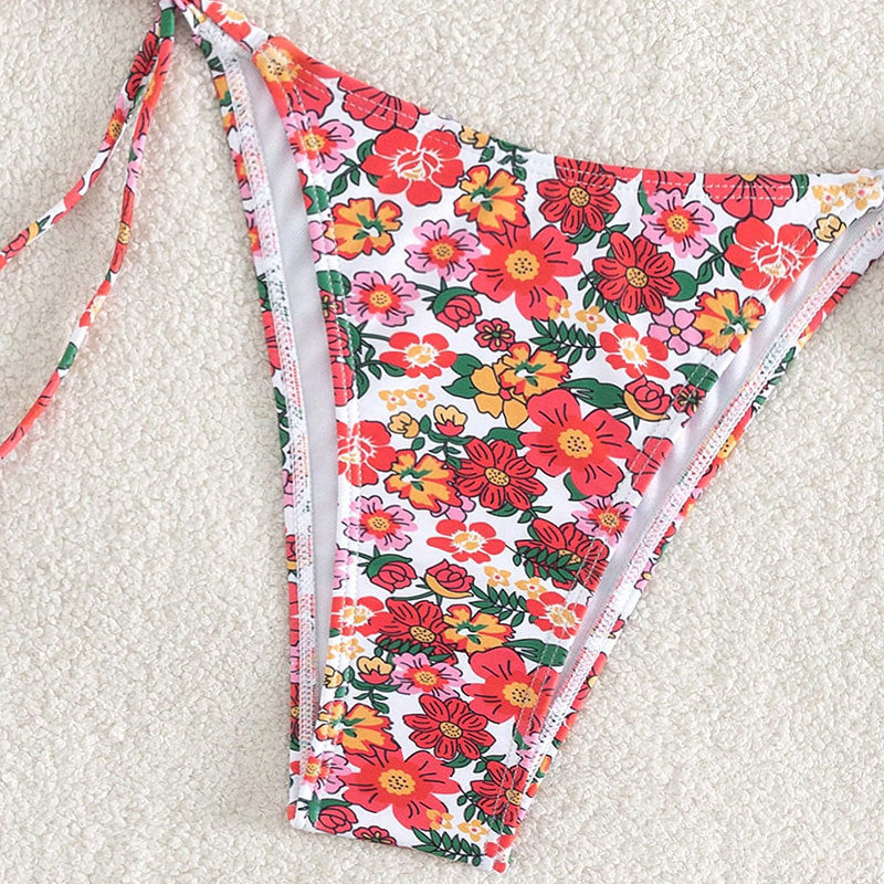 Damen Blumenmuster Bikini mit verstellbaren Trägern und elegantem Goldring EB