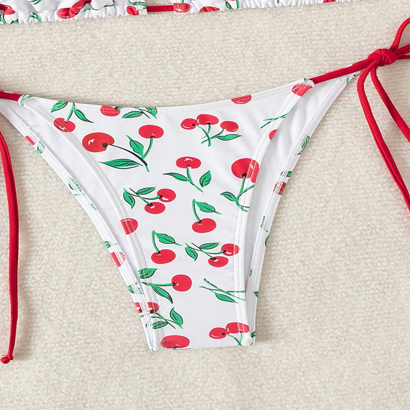Damen Triangel-Bikini mit fröhlichem Kirschmuster und verstellbaren Bindebändern EB