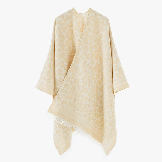 Damen Jacquard-Poncho im Kimono-Schnitt mit Fransensaum und dezentem Animaljacquard EB