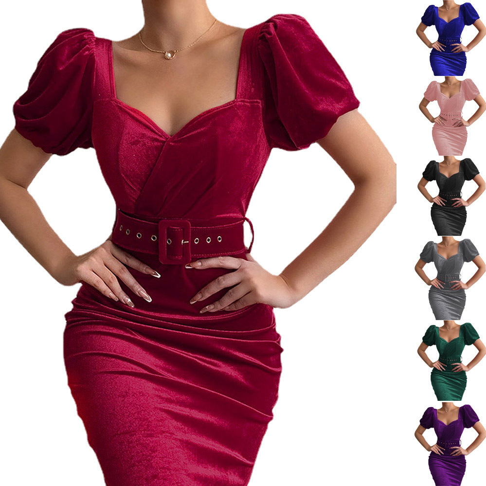 Damen Figurbetontes Kleid mit Puffärmeln und Gürtel EB