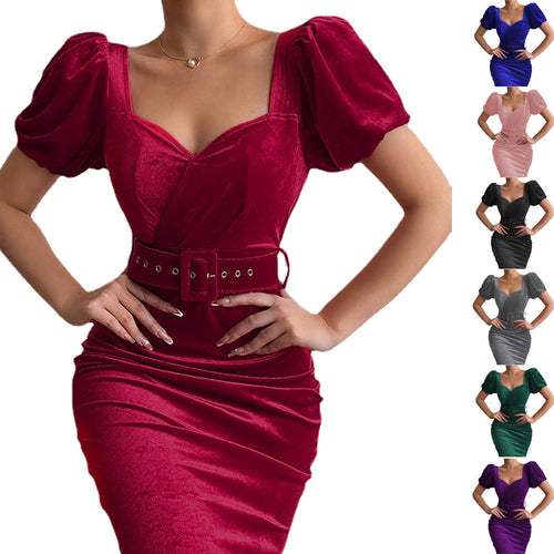 Damen Figurbetontes Kleid mit Puffärmeln und Gürtel EB