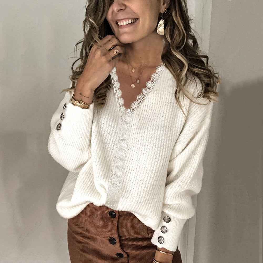 Damen Grobstrickpullover mit V-Ausschnitt und eleganten Knopfdetails EB