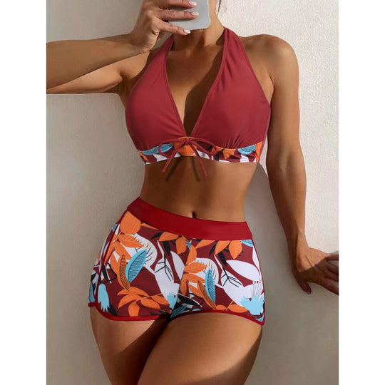 Damen Hochgeschlossen Bikini mit verspieltem Blumenmuster EB