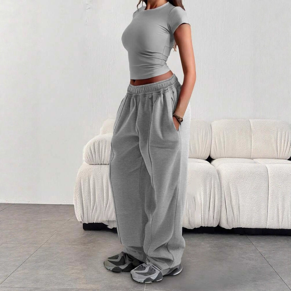 Damen nan enges Cropshirt und weite High-Waist Jogginghosen-Set EB