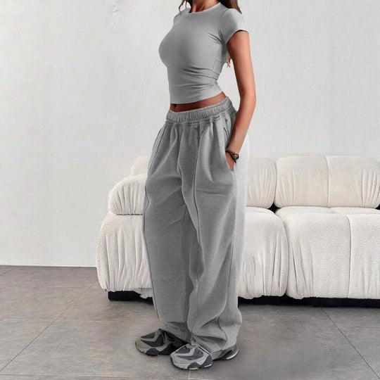 Damen nan enges Cropshirt und weite High-Waist Jogginghosen-Set EB