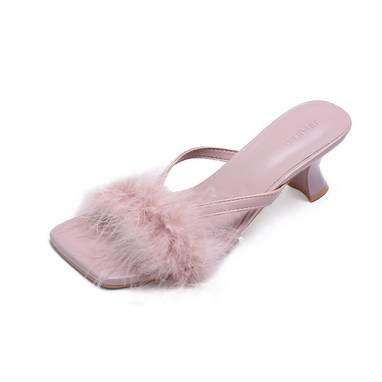 Damen Offene Mules mit dekorativem Plüschbesatz und elegantem Absatz EB