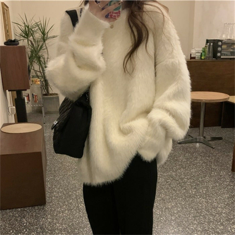 Damen Flauschiger Rundhals-Pullover mit lässigem Schnitt und oversized Passform EB