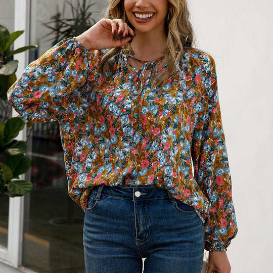 Damen lässige Bluse mit floralen Mustern und eleganten Rüschendetails EB