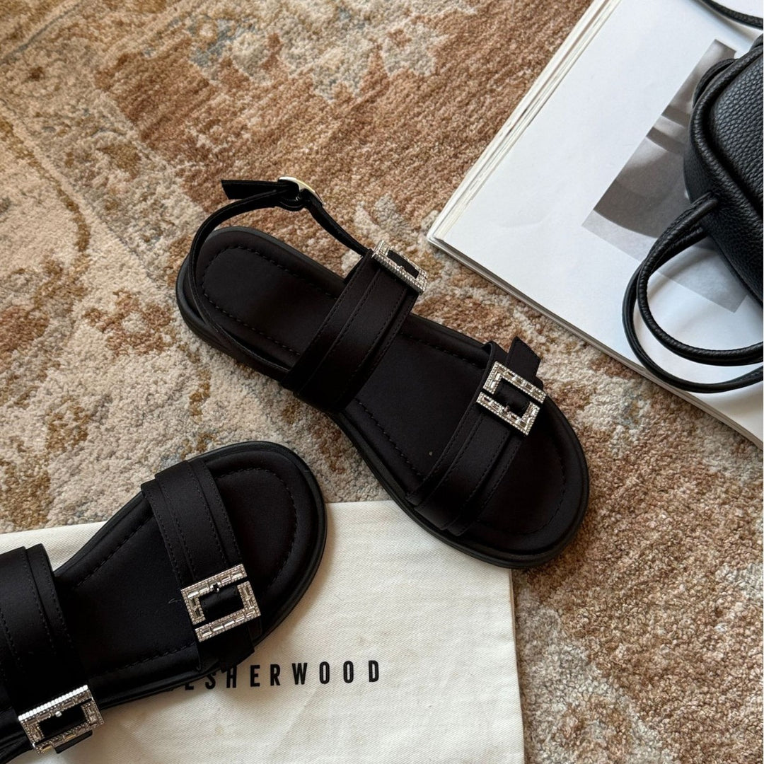 Damen modische Zehentrenner-Sandalen mit eleganten, verstellbaren Riemen und glitzernden Schnallen EB