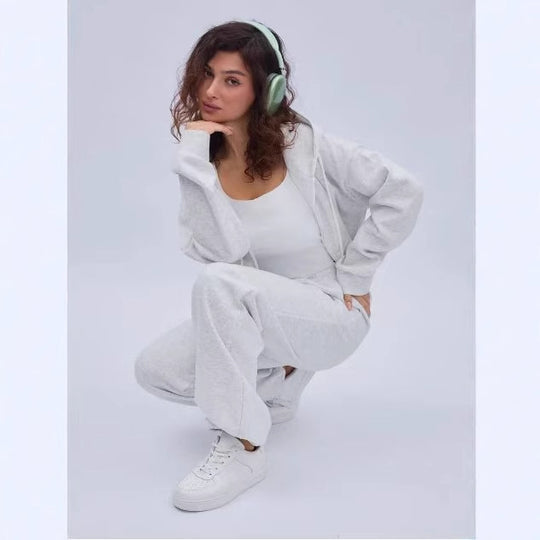 Damen nan zweiteiliges Cozy-Loungewear-Set mit Reißverschlusskapuze, taillenhoher Weitbein-Jogger und verdeckten Eingrifftaschen EB