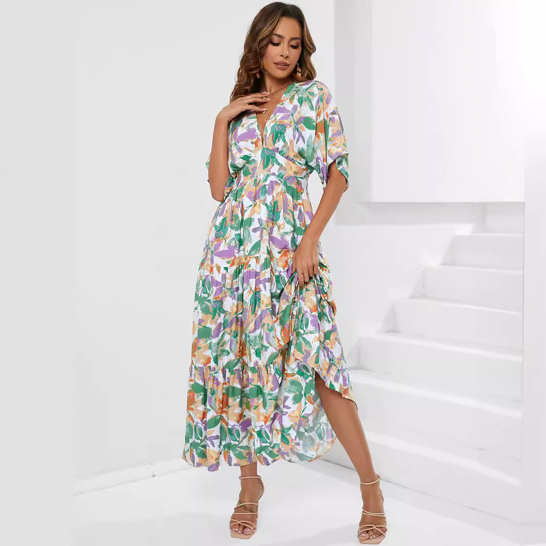 Damen Maxi-Kleid mit V-Ausschnitt und floralen Mustern EB