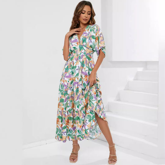 Damen Maxi-Kleid mit V-Ausschnitt und floralen Mustern EB