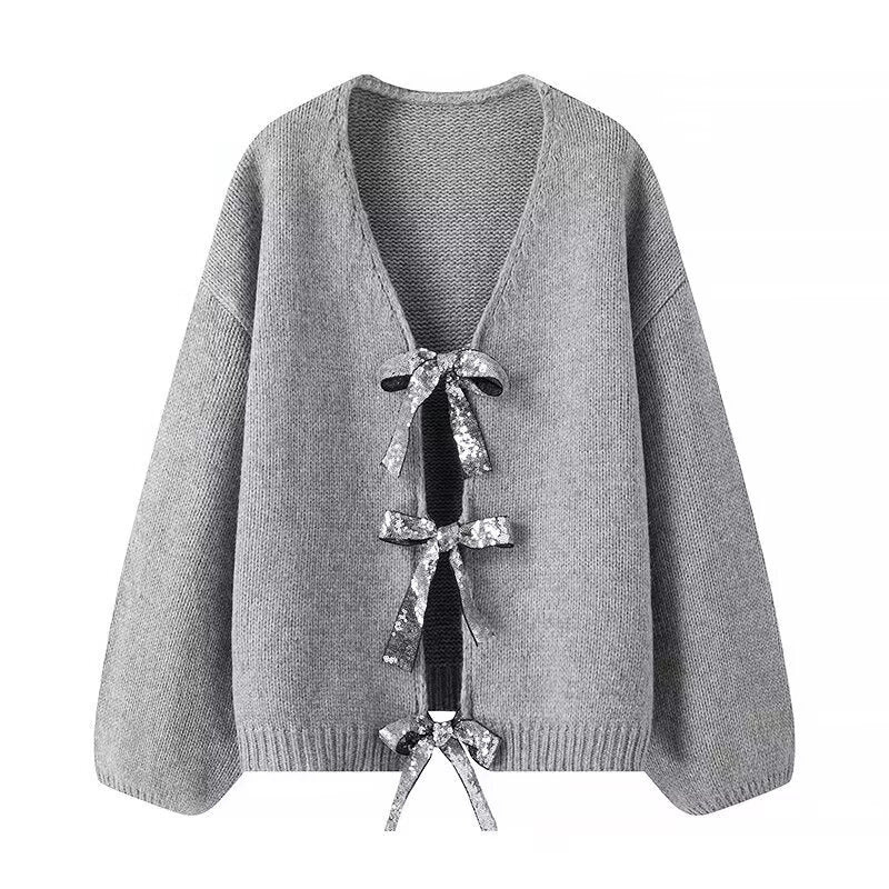 Damen luftige Strickjacke mit Schimmerndem Bindegürtel EB