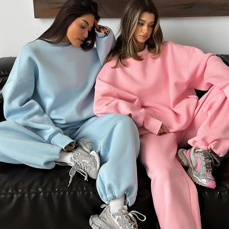 Damen Oversized Lounge-Set aus schwerem Neopren-ähnlichem Fleece mit weitem Raglan-Sweater und gerader Relax-Hose EB