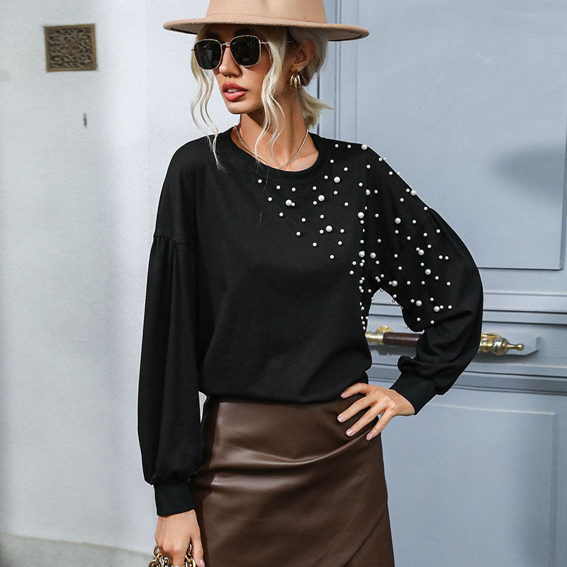 Damen modisches Sweatshirt mit eleganten Perlenakzenten und Puffärmeln EB