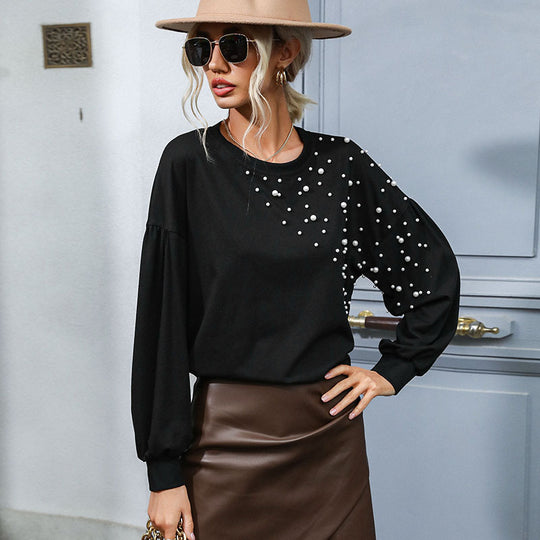 Damen modisches Sweatshirt mit eleganten Perlenakzenten und Puffärmeln EB