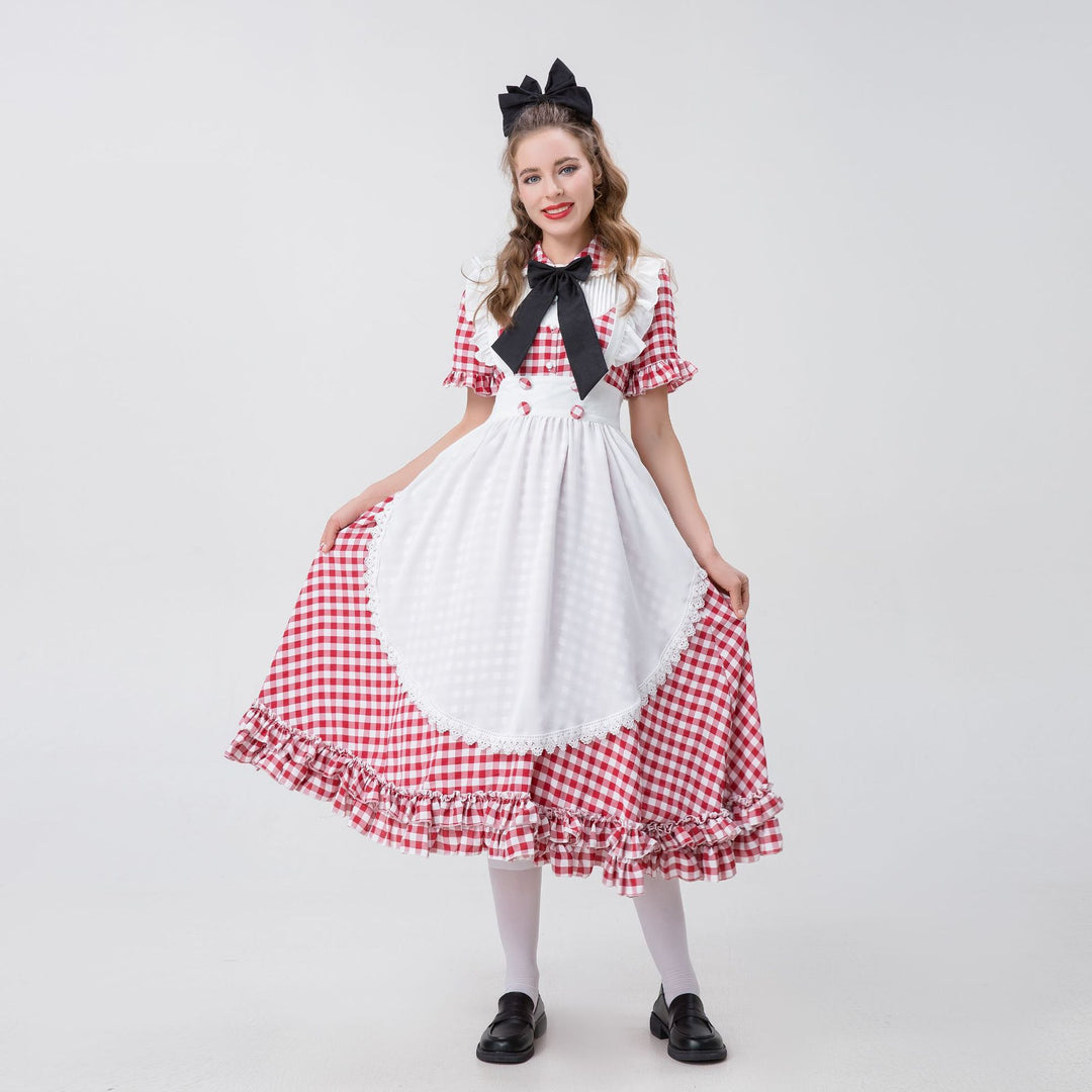 Damen nan Vintage-inspiriertes Karo-Swingkleid mit abnehmbarer Schürze, Rüschenärmeln und Schleifenkragen EB