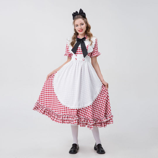 Damen nan Vintage-inspiriertes Karo-Swingkleid mit abnehmbarer Schürze, Rüschenärmeln und Schleifenkragen EB