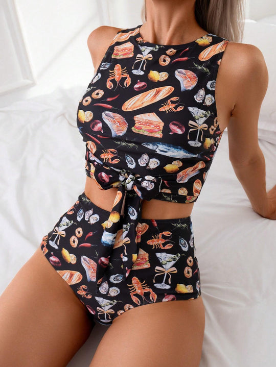 Damen Hoch tailliertes Bikini-Set mit modischem Knoten-Detail EB