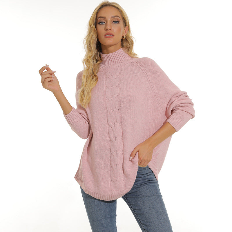 Damen gemütlicher Strickpullover mit hochgeschlossenem Kragen und modischem Zopfmuster EB