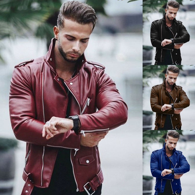 Herren nan stylische Bikerjacke aus Kunstleder mit asymmetrischem Reißverschluss und tailliertem Schnitt EB