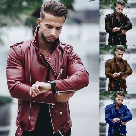 Herren nan stylische Bikerjacke aus Kunstleder mit asymmetrischem Reißverschluss und tailliertem Schnitt EB