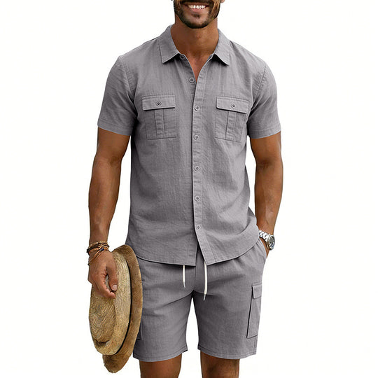 Herren nan sommerliches Freizeitset aus Baumwoll-Leinenmix mit Kurzarm-Hemd und Cargo-Shorts EB